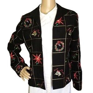 MAK Of NEW YORK Christmas Blazer Black Embroidered Floral wreath 8 Jacket    T24